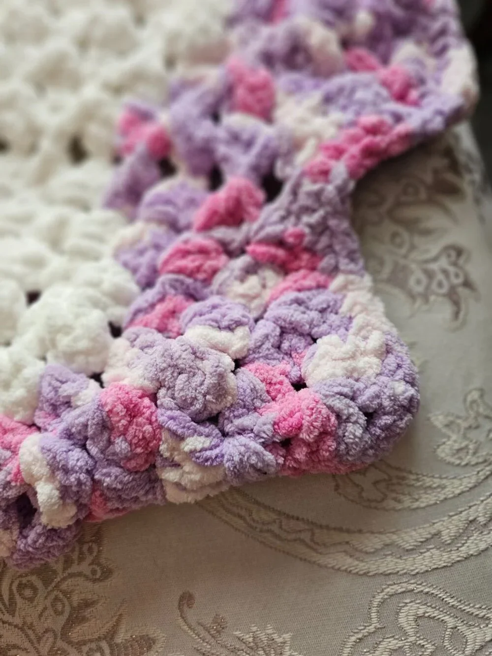New Hand Crocheted Pink & Purple Lap Throw/Baby Blanket - Soft Chenille 36